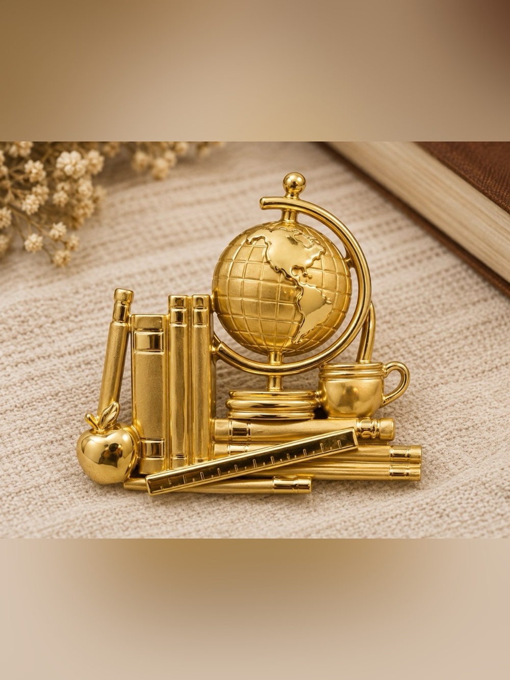Gold Tone Teacher School Supplies Globe Books Apple Brooch Pin